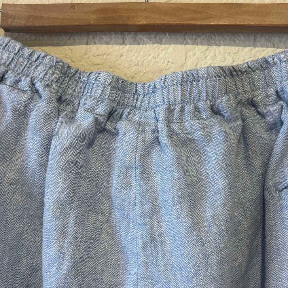Mens Organic Linen Jogger Pants Size XL Light Blue Herringbone Drawstring Beach